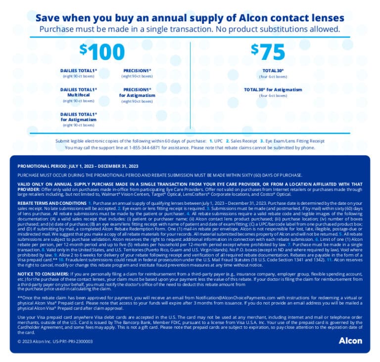 Alcon Repurchase Rebate Save up to 100* on Your Alcon Contact Lens